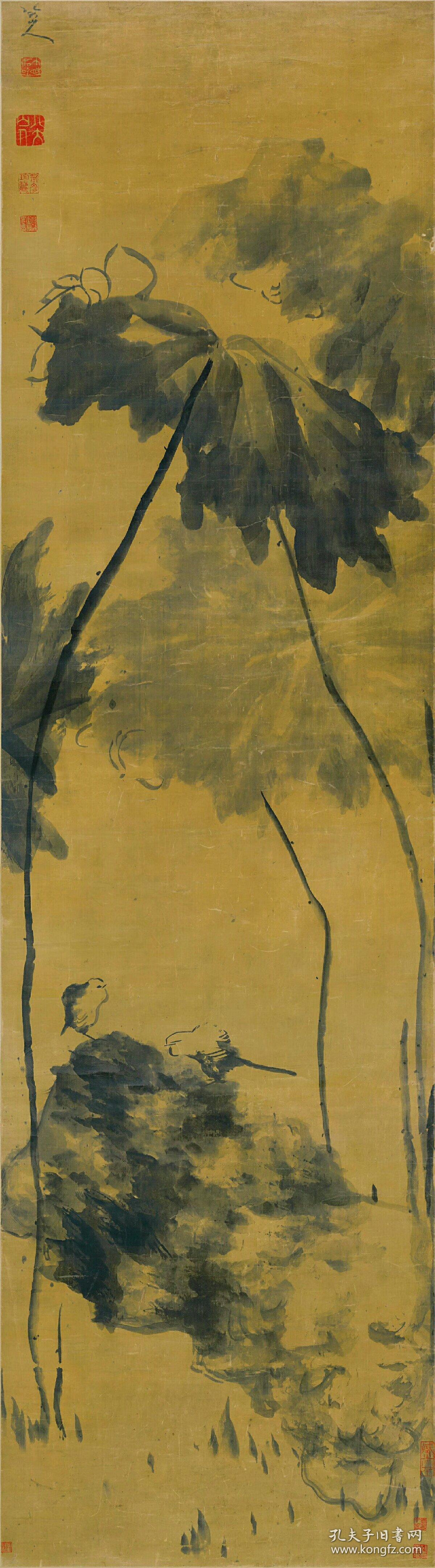 清_朱耷_八大山人 荷花双禽图.纸本大小47.46*171厘米.