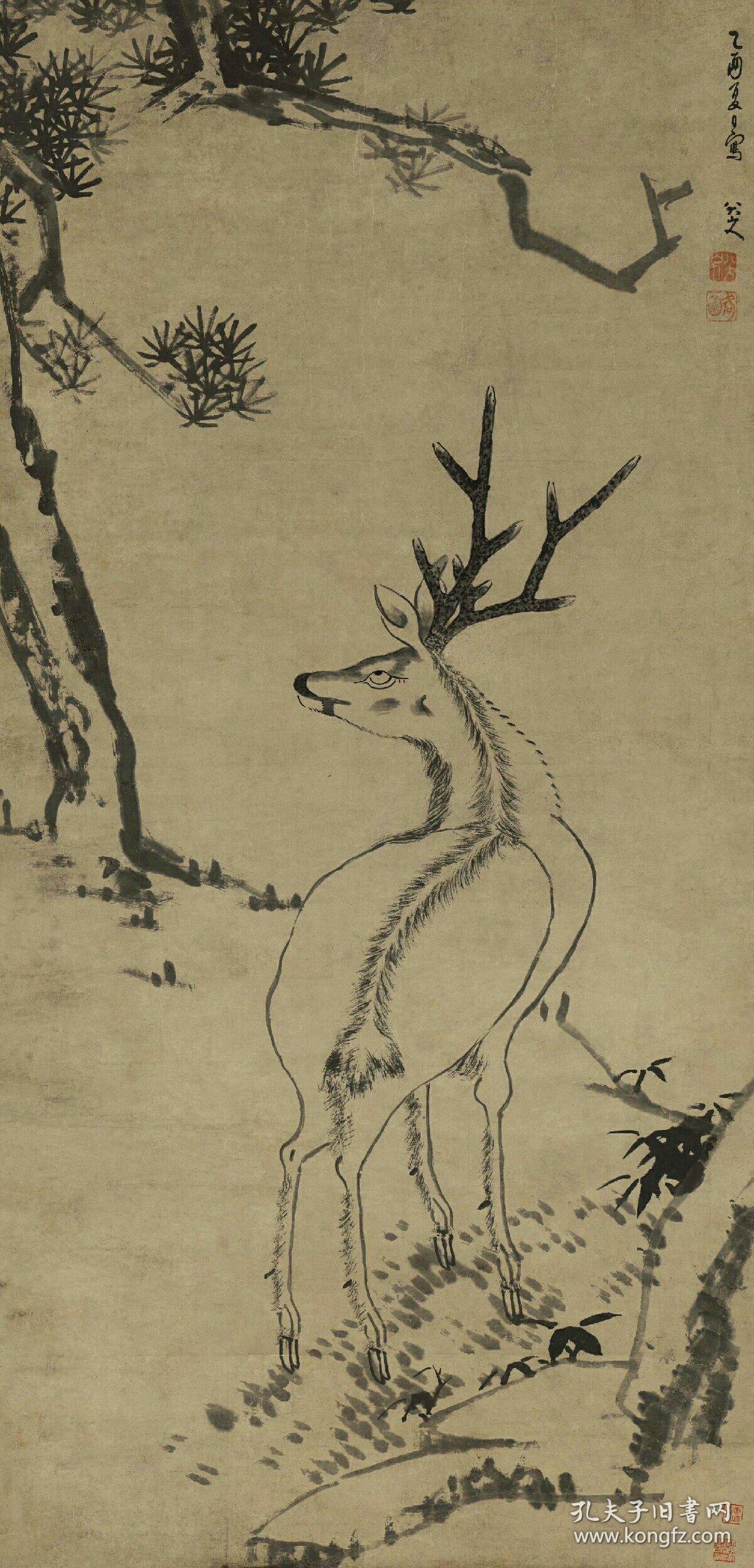 清_朱耷_松鹿图_纸本大小87.44*181.85厘米.宣纸原色原大微喷印制