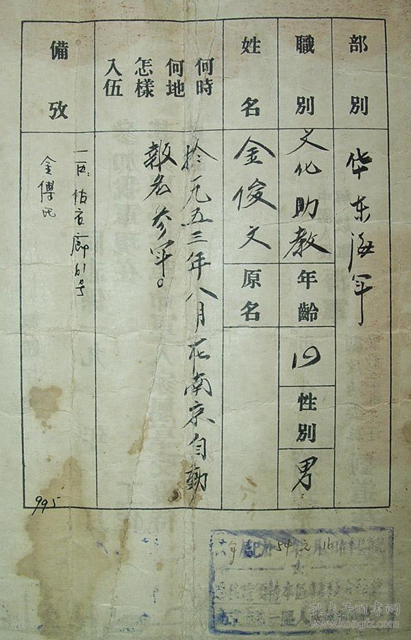 海军 革命军人证明书 华东海军 1953年 金俊文
