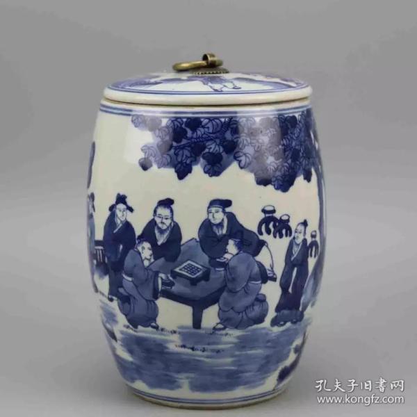 晚清一品堂青花人物盖罐