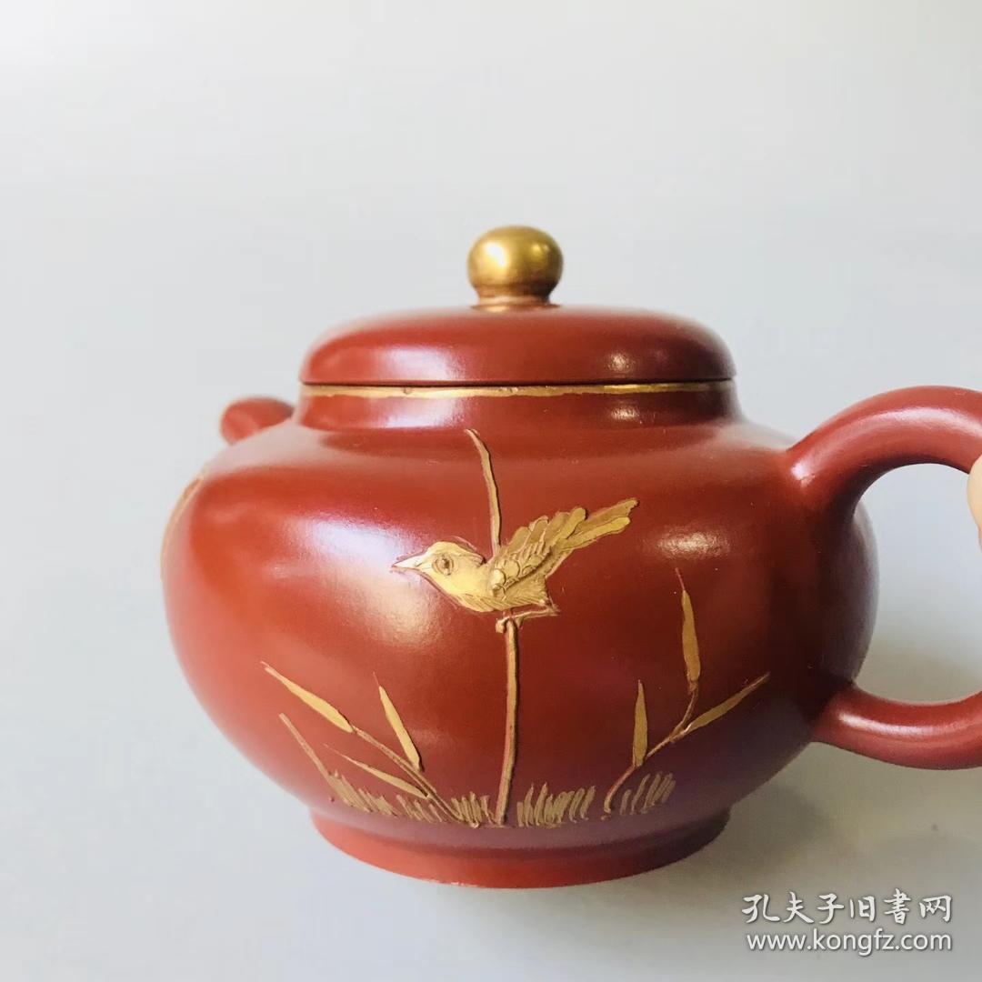 陈朱红 原矿红泥大红袍鎏金双色《花鸟壶》紫砂壶(难得佳玩·紫砂