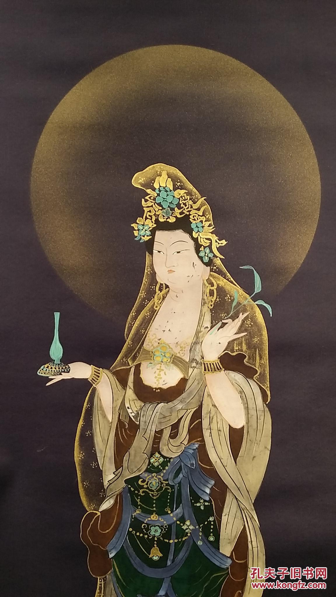 z 606号(转店铺)绢本蓝底描金名家手绘观音像 装裱精美!