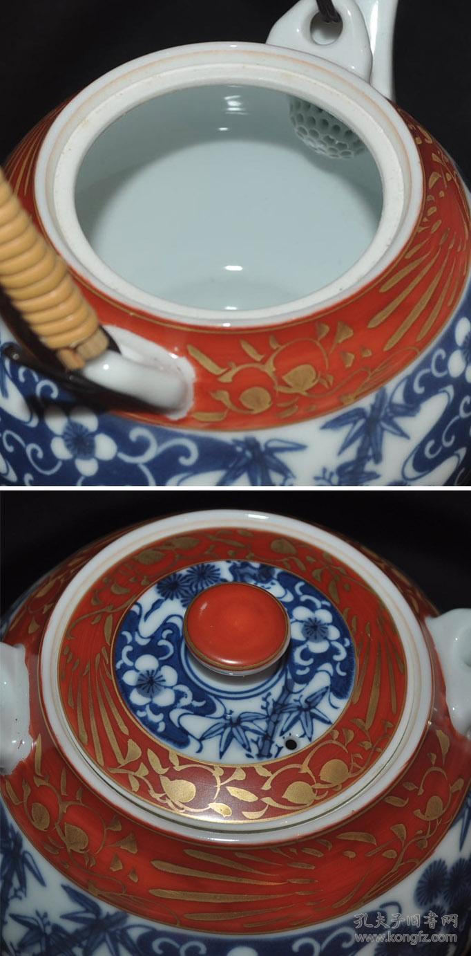 日本陶瓷器煎茶道具鹤松款描金青花染付松竹梅纹茶壶茶杯盏急须汤吞