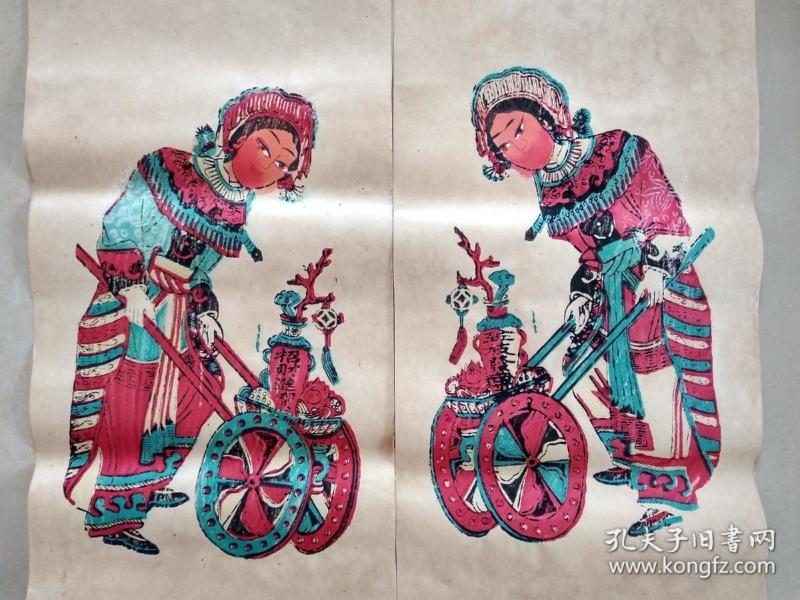 罕见女门神! 民国时期佛山木版年 画版 画《门神》一对!