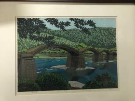近代日本版画 《锦带桥》 Masao Ido  1984年创作 亲笔签名 编号 装裱画框