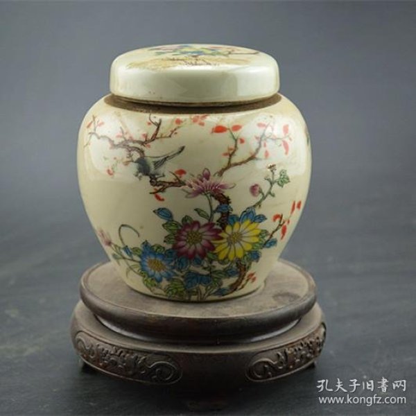 景德镇瓷器民国仿清同治花鸟粉彩图案茶叶罐古董收藏做旧陶瓷