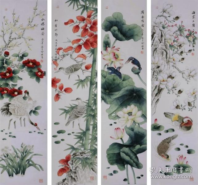 工笔画家喻继高 四条 屏花鸟 国画纯手绘