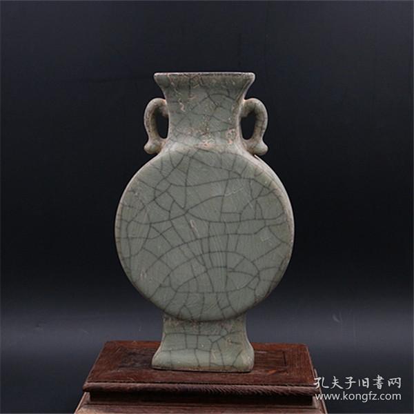 宋代官窑开片青釉双耳扁瓶仿出土古瓷器古玩古董收藏办公摆件装饰