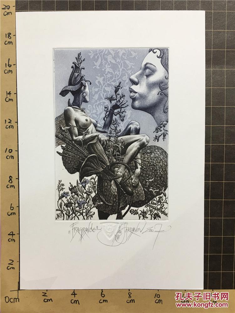 保加利亚乔丹诺夫julianjordanov铜版画藏书票原作《芬芳》