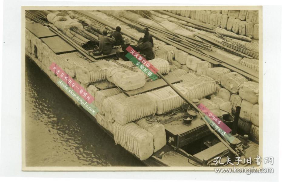 民国天津白河水路运河航道运输成品棉花棉包的商船老照片
