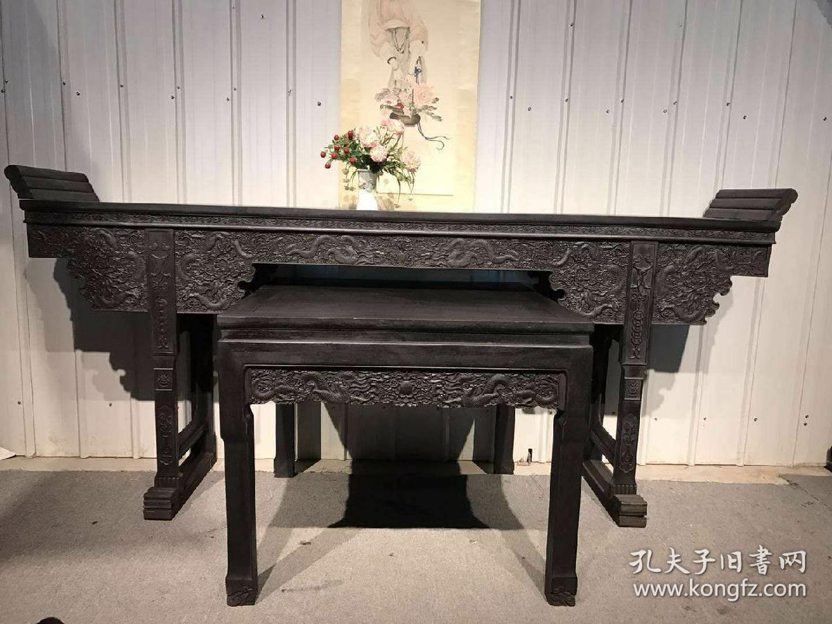 黑檀木中堂一套,完整无修,雕刻精致,会所必备,尺寸:条案1张266*50*122