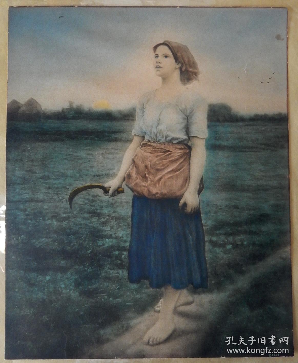 美国铜版画《农家女》,套色美柔汀铜版画