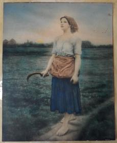 美国铜版画《农家女》,套色美柔汀铜版画