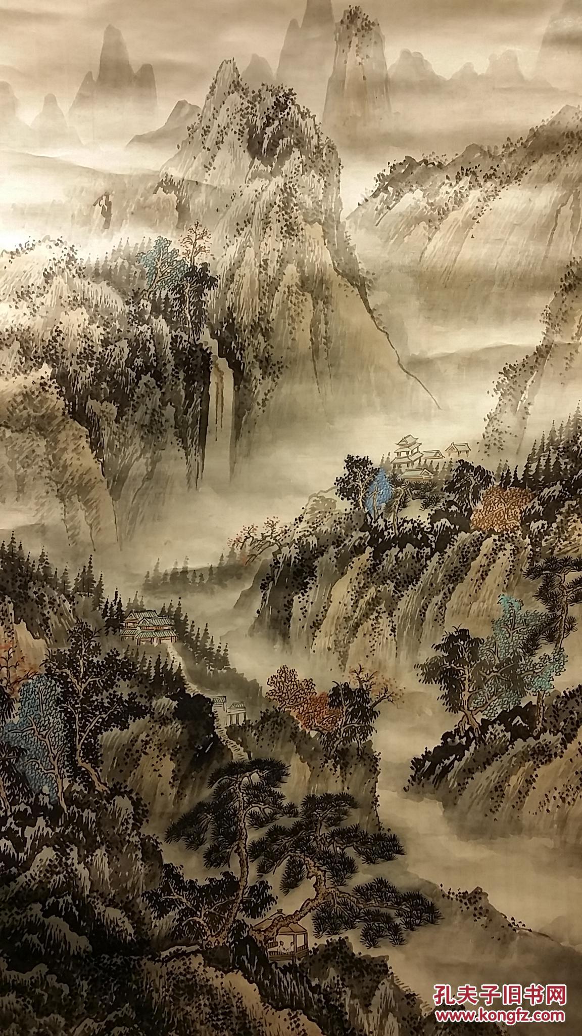 z 568 号 瓷质轴头绢本已故名家(辛石)手绘《秋山高士图》山水中堂