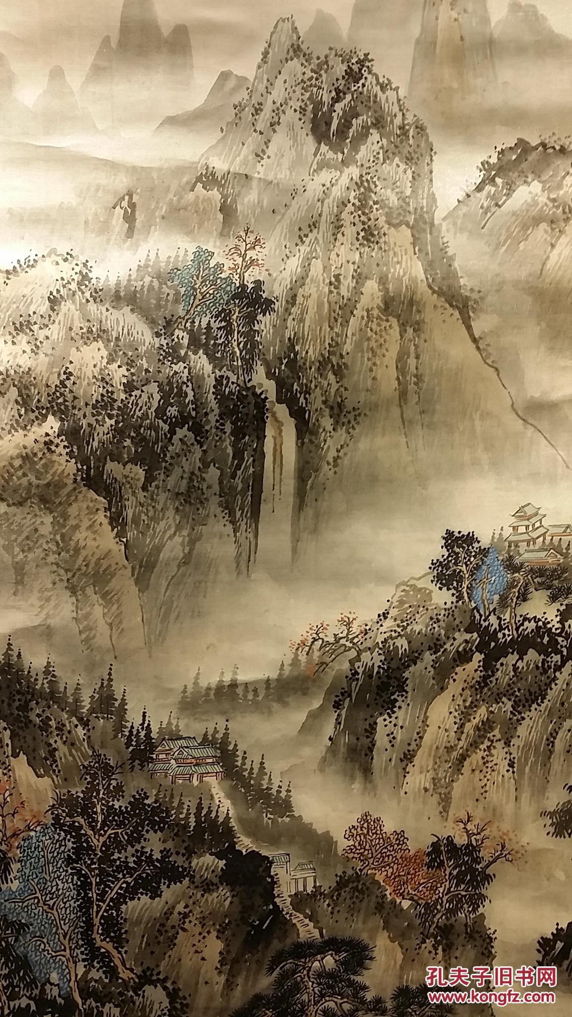 z 568 号 瓷质轴头绢本已故名家(辛石)手绘《秋山高士图》山水中堂