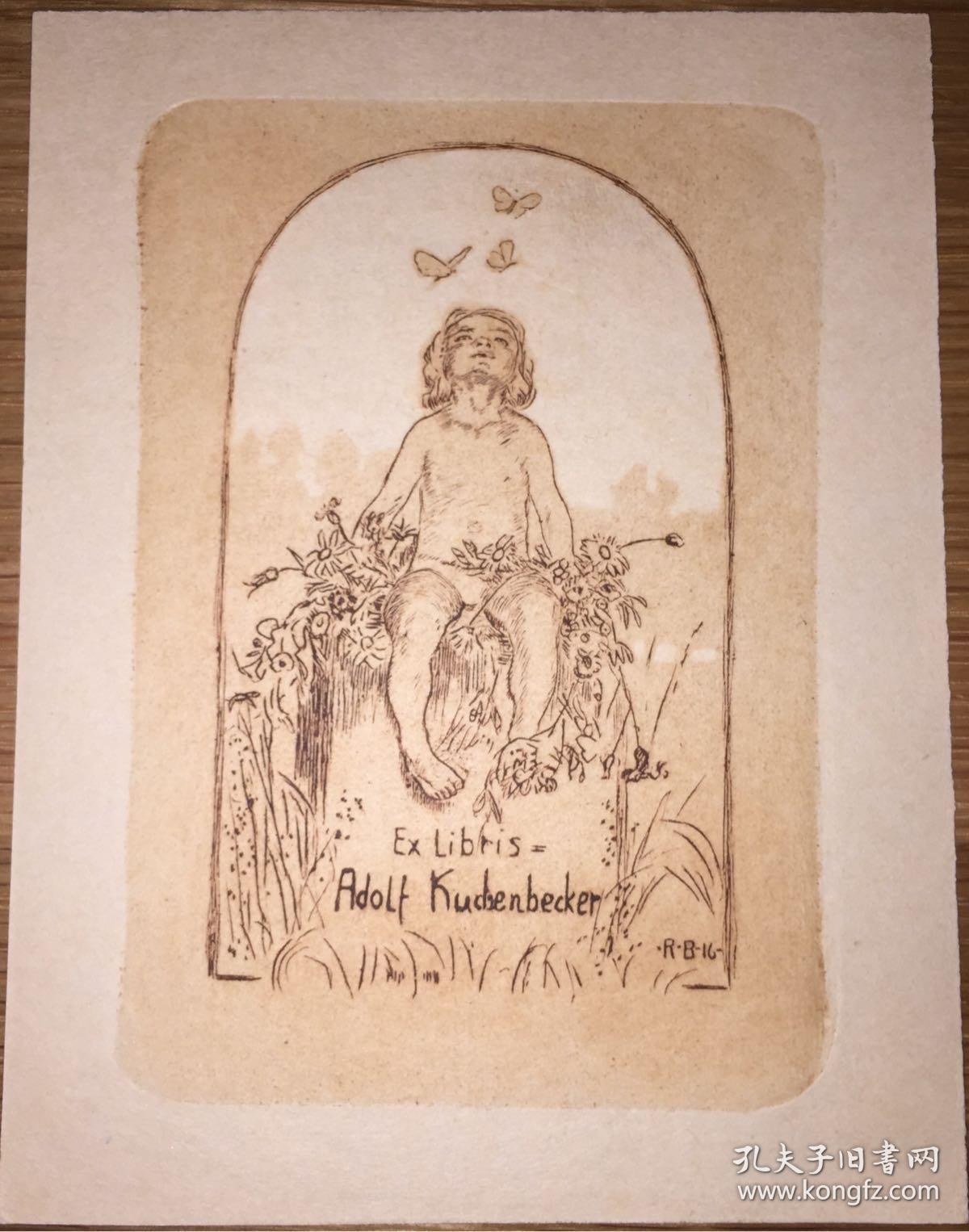 德国著名艺术家布津斯基铜版藏书票花丛里的小女孩2