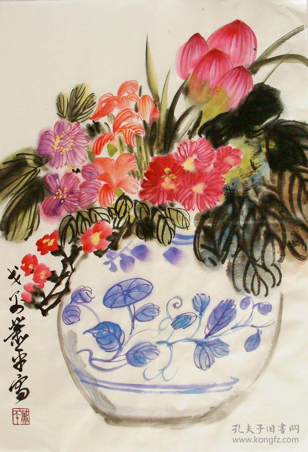 江苏名家萧平花鸟二尺小中堂手绘国画作品插花图