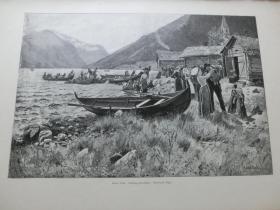 【现货 包邮】1890年木刻版画《在挪威松恩每周日乡间都会乘船相聚》（Sonntags-Kirchfahrt (fjaerland,sogn)）  尺寸约41*29厘米（货号 300448）
