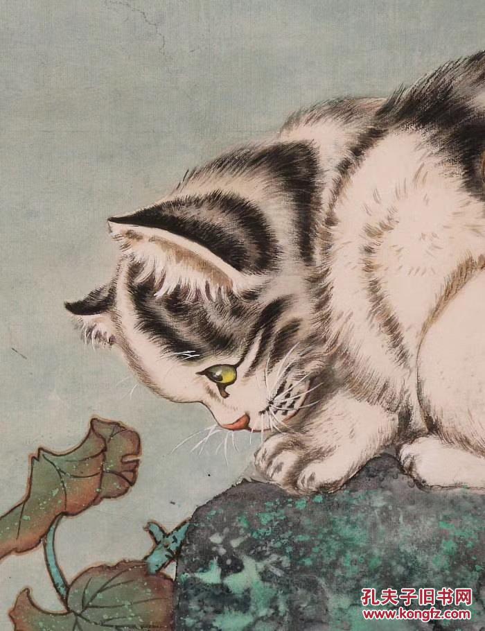 早期天津画家于晋鲤笔老纸本原框【荷池猫扑图】日本原框 拍品编号