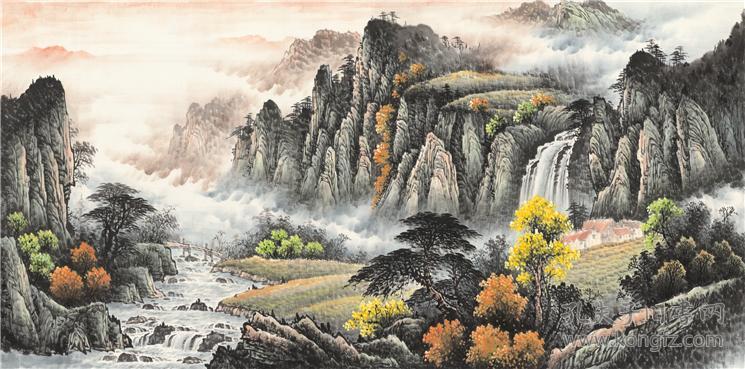 四尺横幅 国画 精品山水【溪山流水】未装裱画芯 多尺寸销售(t)
