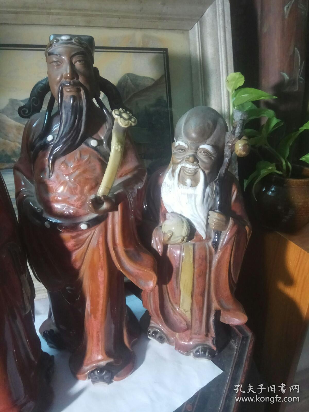 七十年代广东佛山石湾窑变釉胭脂红福禄寿人物摆件