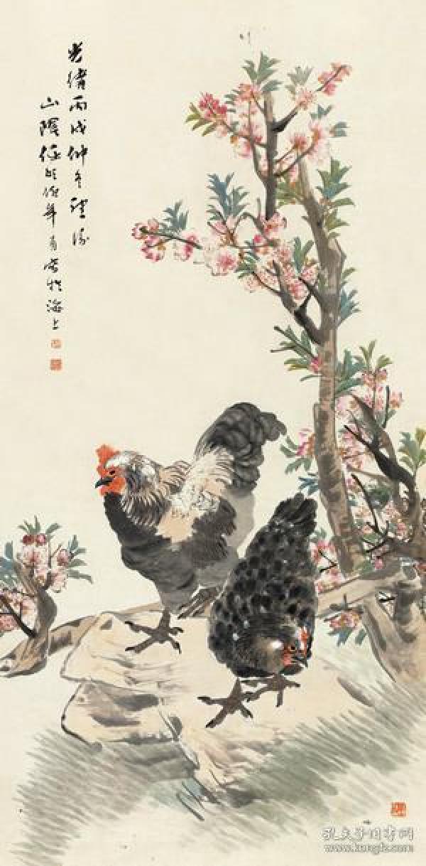 微喷书画 任伯年 桃花双吉 30x61厘米