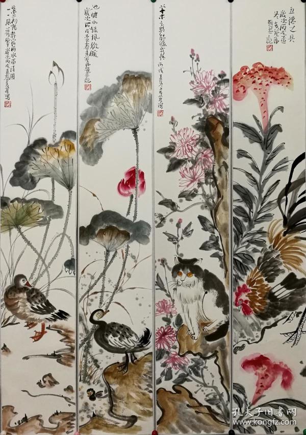 天津美术学院中国画学院院长【李孝萱】花鸟四条屏