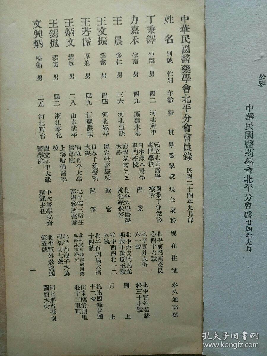 珍贵医学史料中华民国医药学会北平分会会员录多医学界名人内有北京
