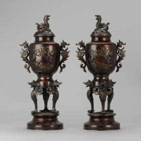 19世纪日本明治早期紫铜香炉一对，保存完好，一对难得，非常罕见
尺寸：高40.5CM