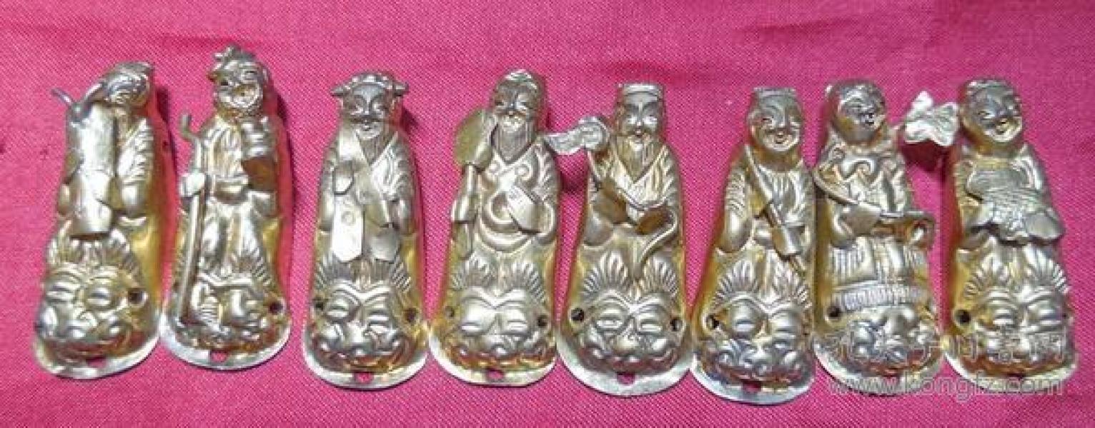 老银好鎏金八仙过海传奇人物帽花民国期古董银器帽饰品一套8个