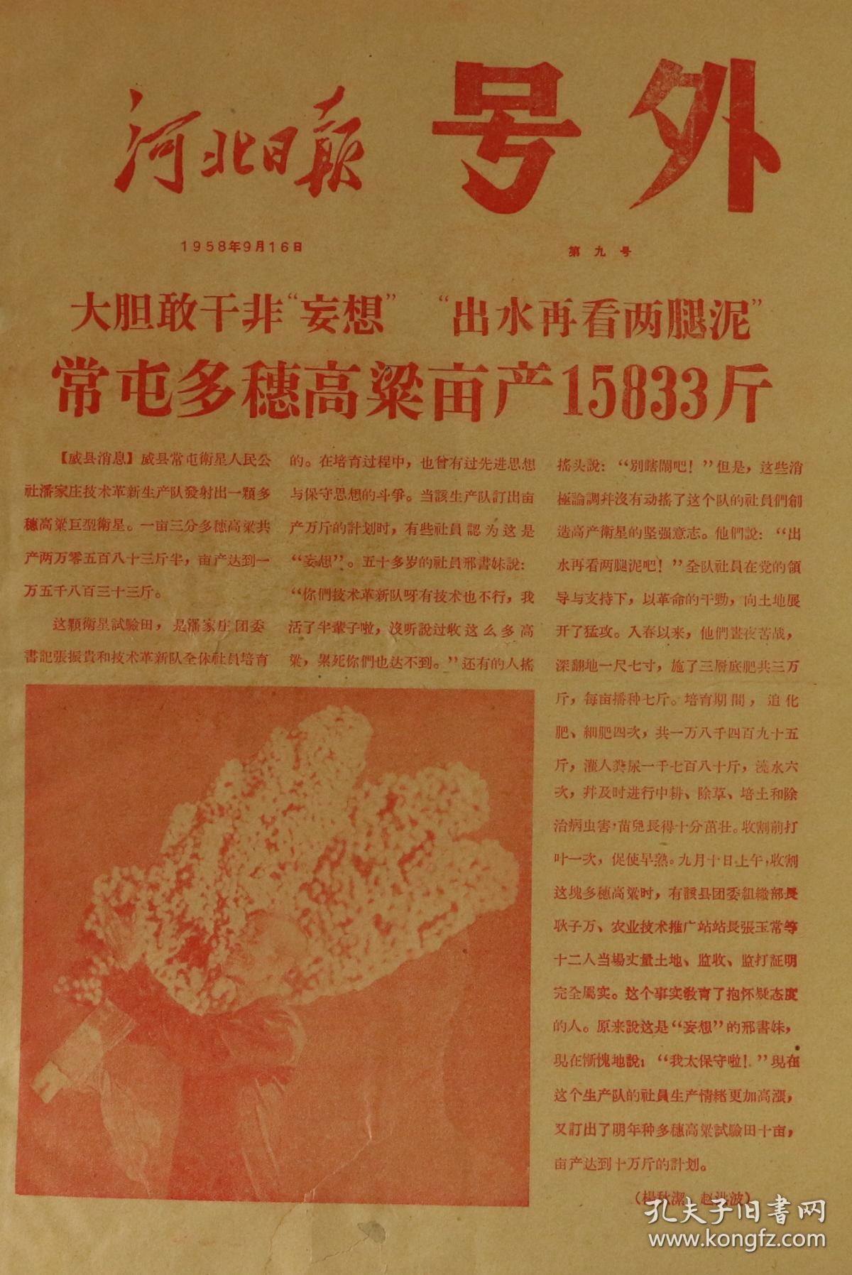 1958年9月16日河北日报号外一张第九号大胆敢干非
