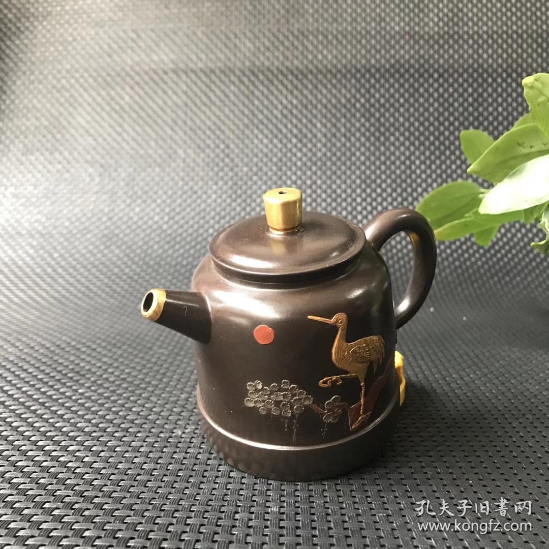 陈朱红全手工松鹤延年紫砂壶200cc 11x7.