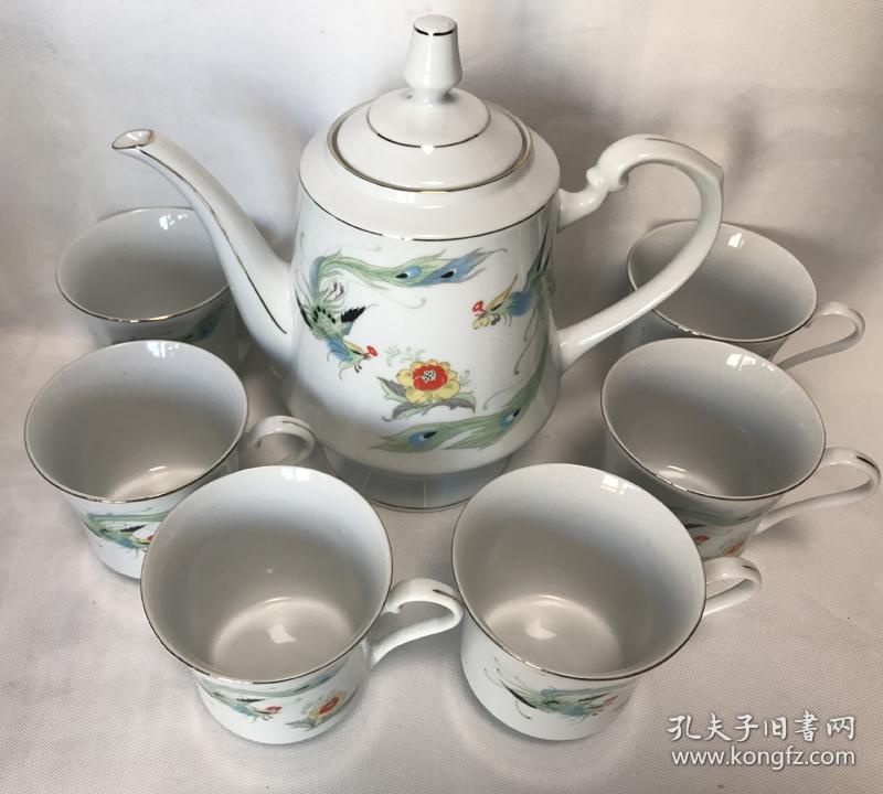 唐山老瓷器老茶具唐山白玉瓷厂龙凤纹老茶壶茶碗14件怀旧收藏