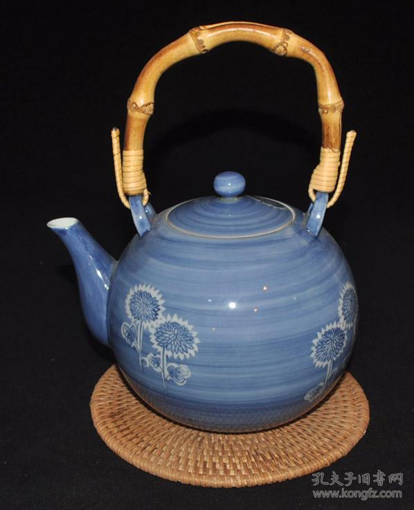 日本平安窑陶瓷器,瑞光款青花菊花纹竹提梁茶壶急须/煎茶道具器/文