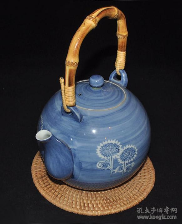 日本平安窑陶瓷器,瑞光款青花菊花纹竹提梁茶壶急须/煎茶道具器/文