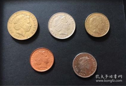 新西兰硬币5枚-2元,1元;50分;20分;10分