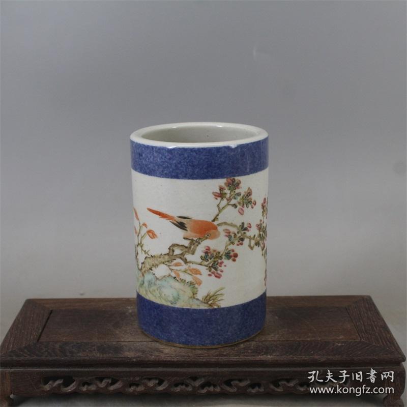 民国青花加彩花鸟笔筒古董古玩雷洪章手绘粉彩仿古瓷器摆件收藏品
