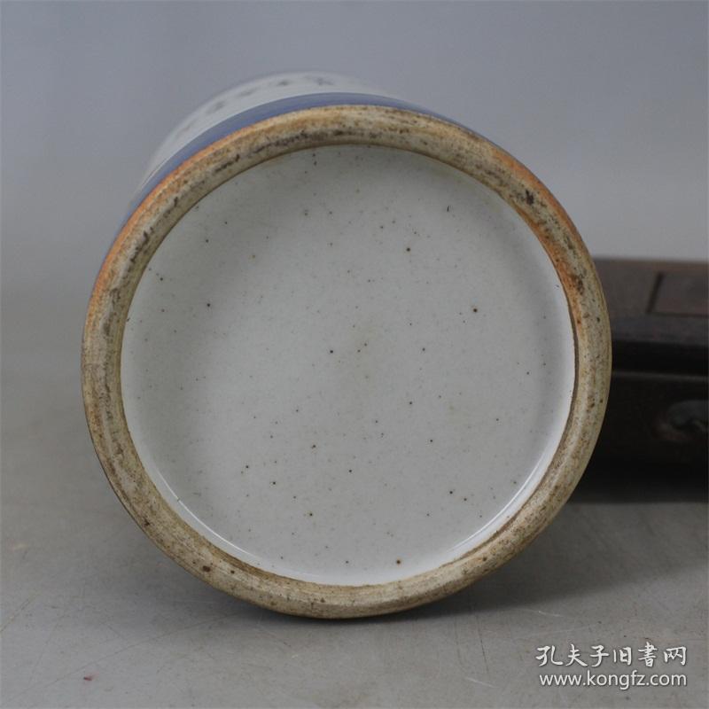 民国青花加彩花鸟笔筒古董古玩雷洪章手绘粉彩仿古瓷器摆件收藏品