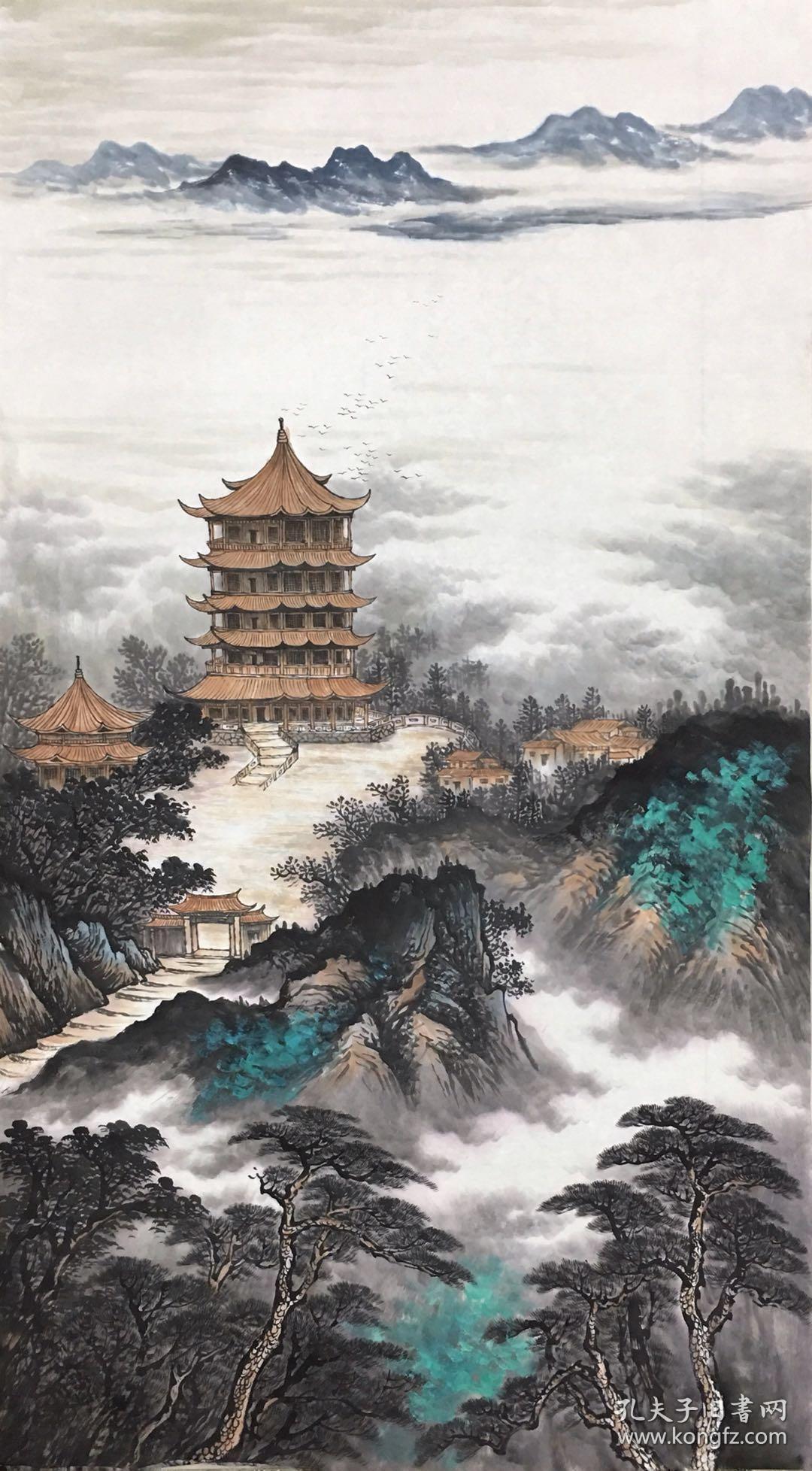 名人字画手绘著名青年画家邓志锋四大名楼画芯约138x68厘米x4幅