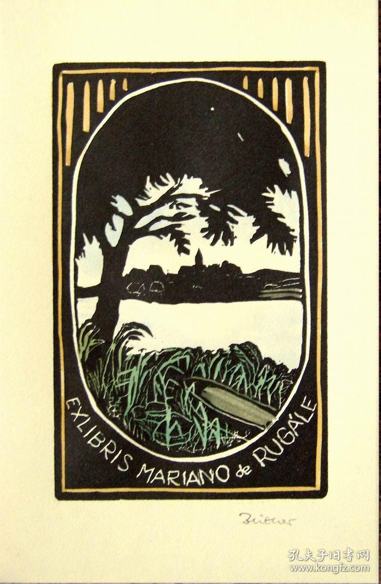 德国艺术家"irma zeitner"彩色木刻藏书票—《湖景》 签名