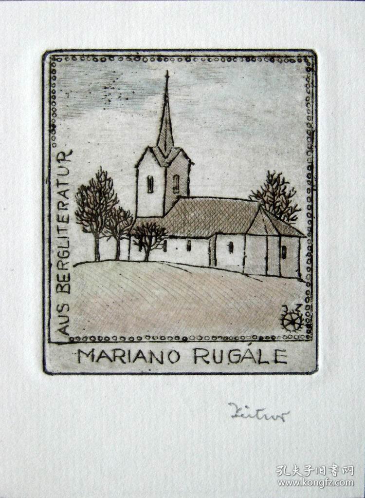 德国艺术家"irma zeitner"彩色铜版藏书票—《乡村的教堂 》 签名