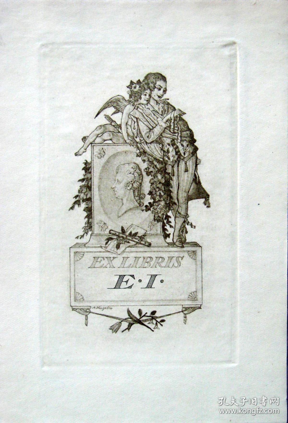 德国艺术家"alfred hagel(1885-1945)"腐蚀版藏书票——《天使与女人