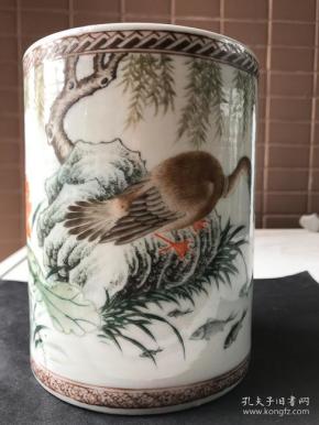 湖南醴陵第一人吴寿祺民国作品-柳塘清趣鸟鱼大笔筒