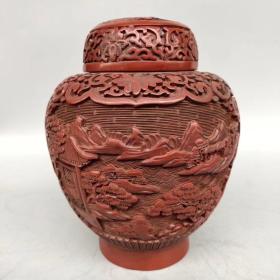 清代剔红漆器罐 深浮雕 蓬莱仙境