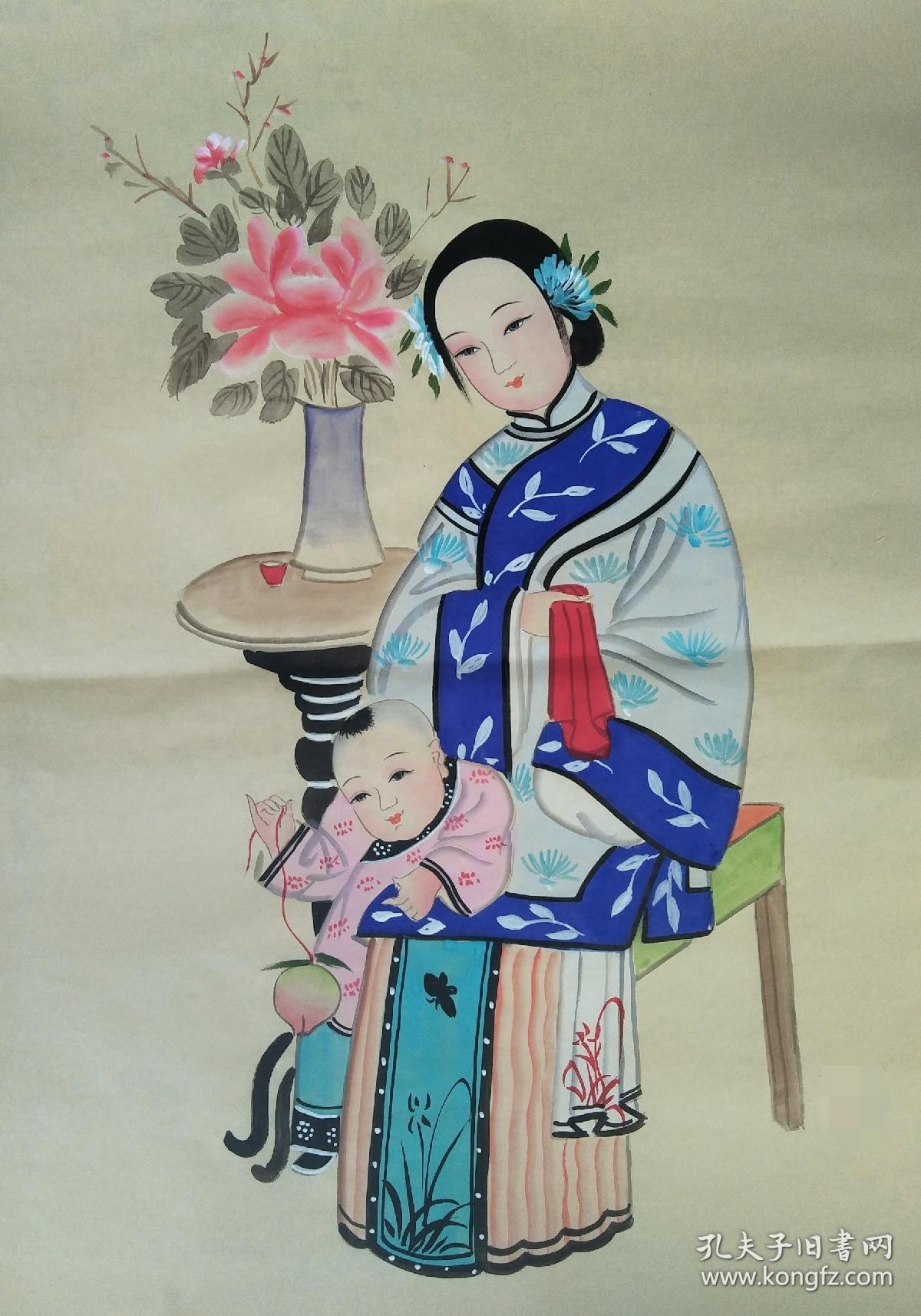 扑灰年画《母子图》《民国侍女娃娃对画》