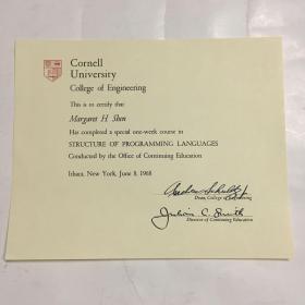1968年美国康奈尔大学证明书（校长手签）