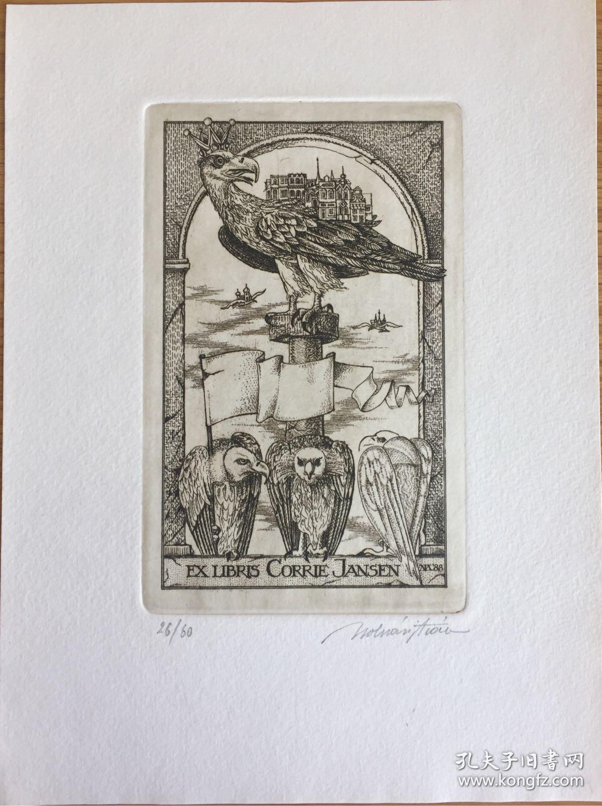 匈牙利铜版藏书票雄鹰和秃鹰