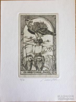 匈牙利铜版藏书票雄鹰和秃鹰