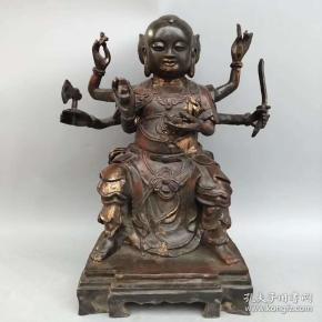 旧藏老铜胎佛像 三头六臂红孩儿童子佛一尊尺寸如图,重4560克