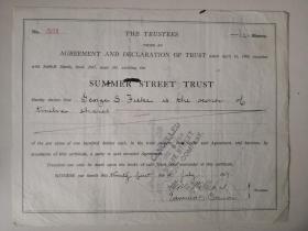 [老股票 外国 antique]  民国期间  1917年 美国信托基金 Summer Street Trust一枚， 包老保真， 稀少   （12股）